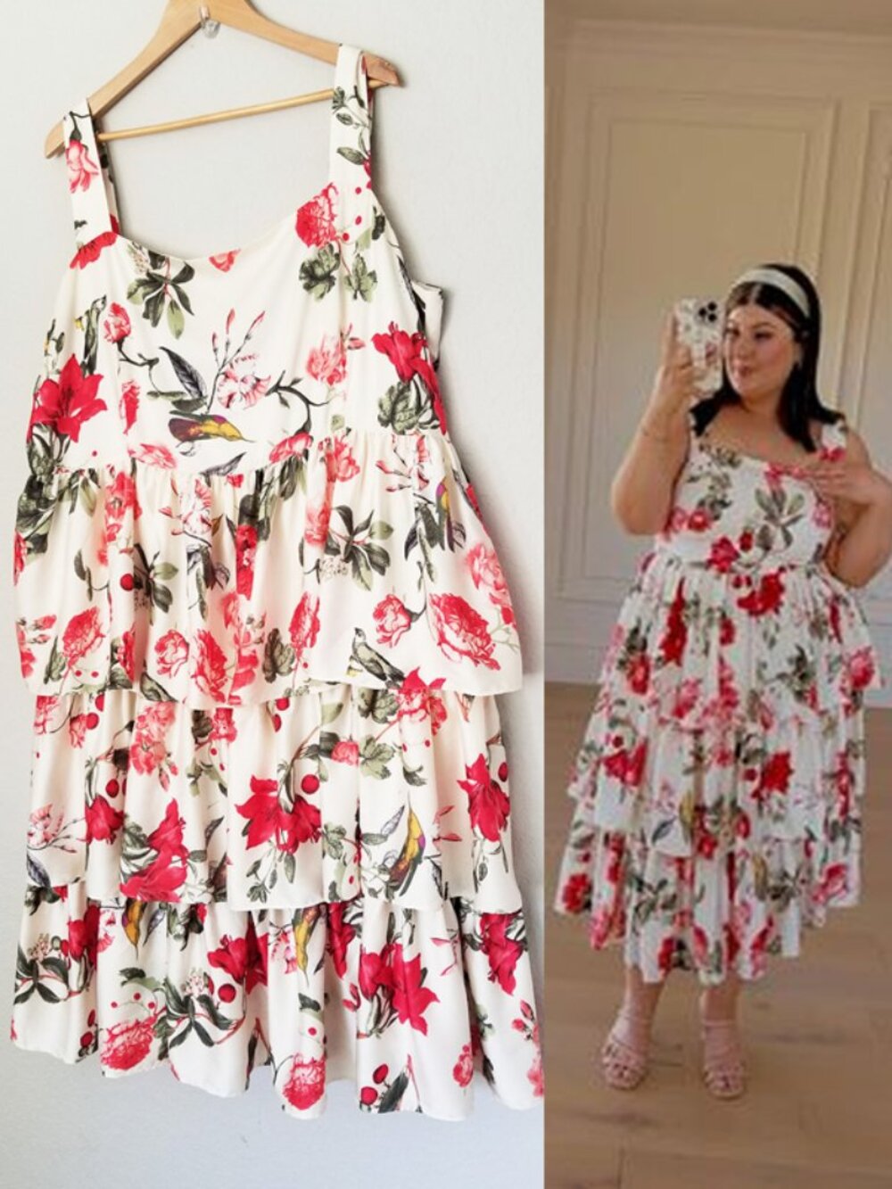 JESSAKAE Silky Satin Tiered Ruffle Midi Dress Plus Size 3XL Ivory Red Floral